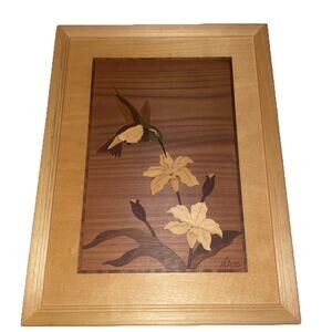 Vintage Hummingbird Hudson River Inlay Marquetry Wood Framed Art Signed Nelson